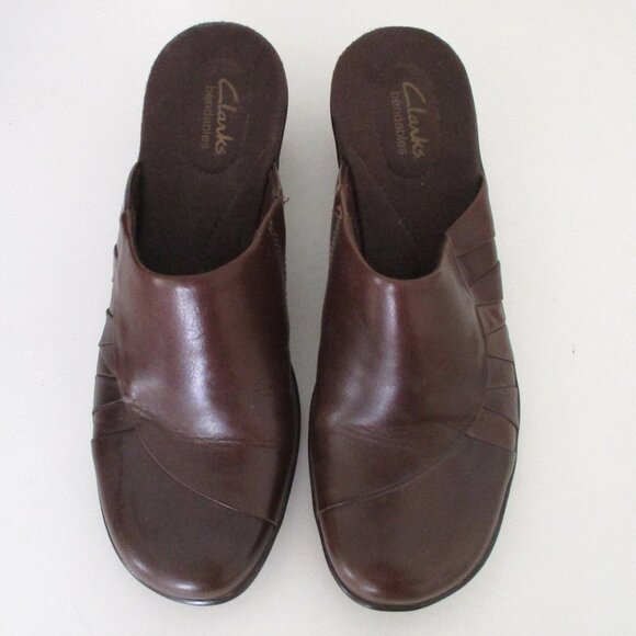 Clarks bendables Womens Brown Leather Mules w/ 2" Block Heels - Size 9.5M - Picture 4 of 9